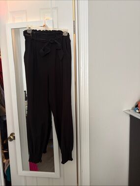 Grace Karin Black Paperbag Waist Tie Jogger Pants